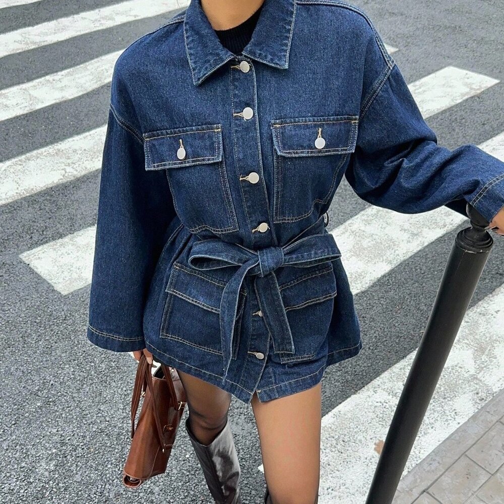Dark Wash Casual Women's Denim Jacket with Waist Pocket